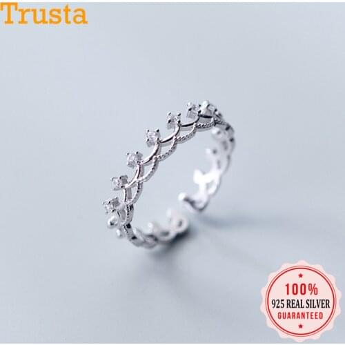 Trusta 100% 925 Solid Real Sterling Silver High Quality Crown CZ Opening Ring 5 6 7 For Women Girl Wife Birthday Present DS1203