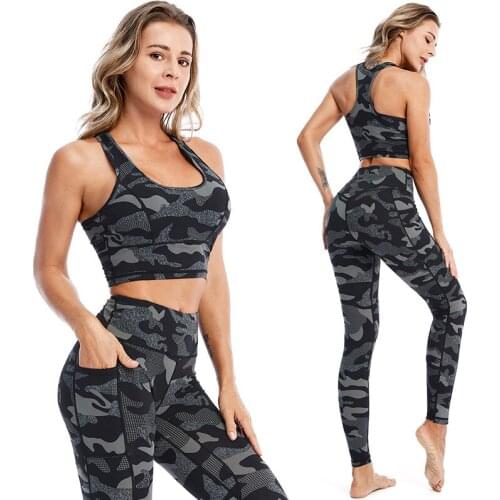 New Yoga Set Women Sportswer Two Piece Gym Clothes Summer Fitness Sports Suit,Camouflage Print Workout High Waist Track clothing