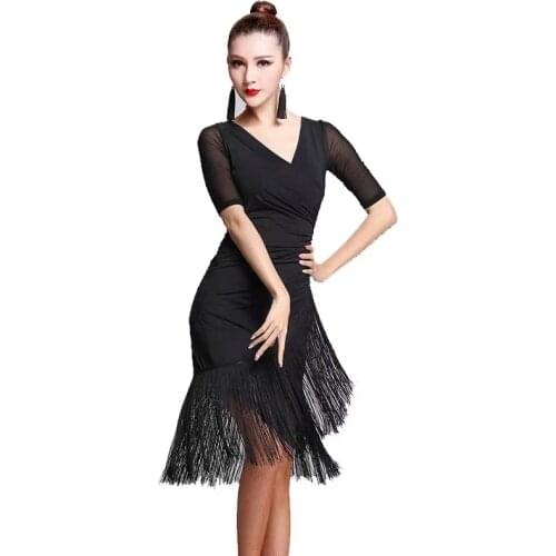 Latin Dance Tassel Dress Profession Training Female Adult Summer Ballroom Tango Salsa Rumba Sumba Stage Costume Black/red S-4XL