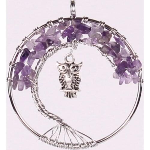 Crystal purple yellow Tree of Life Owl Charm Pendant Gem Stones Chakra Reiki Balancing Wire Wrapped Jewelry Mothers Day Gifts