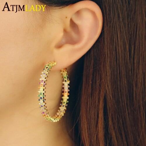2019 gold color big earring hoops rainbow multi color cubic zirconia paved trendy Gorgeous women lady fashion earring jewelry