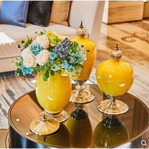 Fashion Nordic style yellow ceramic vase, modern home office restaurant bar decoration decoration gift
