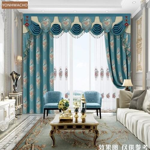 Custom curtain European chenille jacquard simple luxury bedroom blue thick cloth blackout curtain valance tulle drapery C786