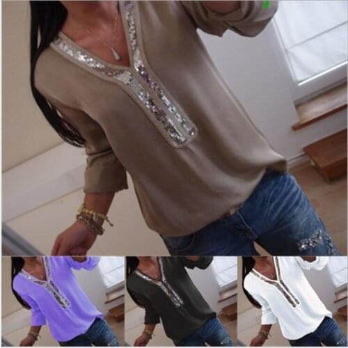 Fashion Women Ladies Long Sleeve Loose Blouse Summer V-Neck Casual Shirts Tops Clothing Sequined Casual Soft Clothes oversized