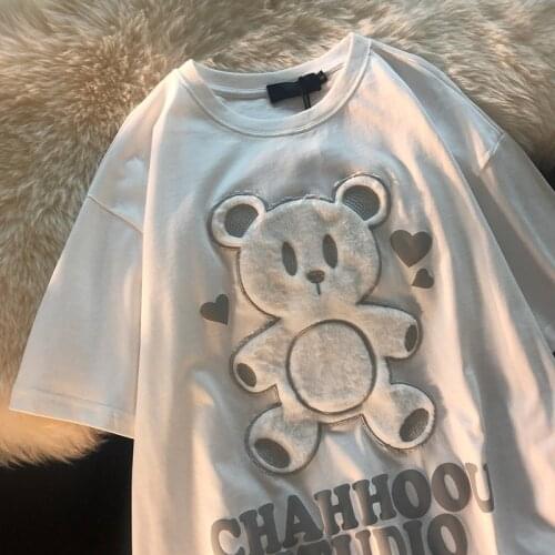Harajuku embroidered bear cotton short sleeve T-shirt womens 2021 summer new Korean loose top womens wear