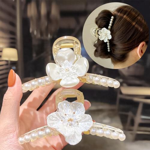 2021 Summer New Style Pearl Flower Hairpin Hair Accessories Ins Plate Hair Shark Clip Hair Catch Womens Back Head Clip Hairpin