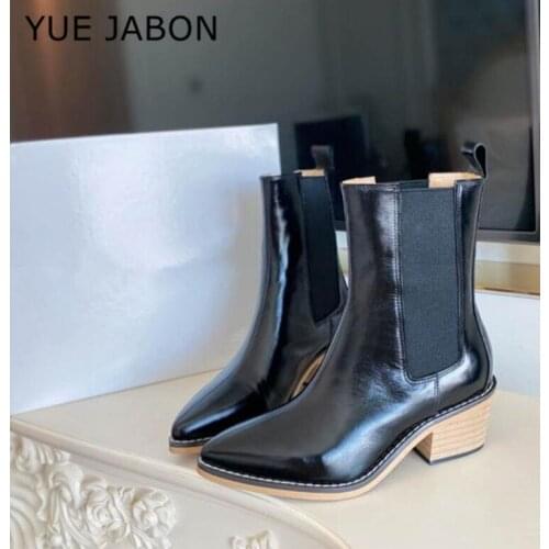 New Black White Ankle Boots Chelsea Women Genuine Cow Leather Booties Elastic Band Autumn Winter Ladies Shoes Handmade Footwear