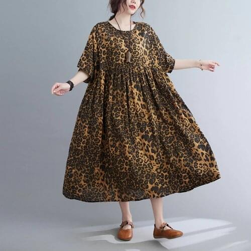 Print Leopard Fashion Women Dress 2021 New Arrival Short Sleeve Loose Summer Dress Cotton Linen Women Travel Casual Long Dress