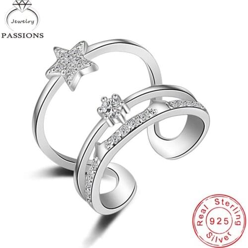New Fashion 925 Sterling Silver Star Rhinestone CZ Multilayers Rings Open Adjustable AAA Zircon 3 Layers Ring Women Jewelry Gift