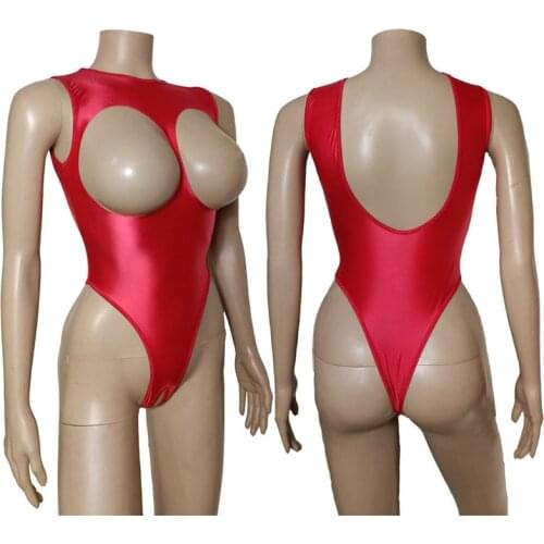 Women Sexy Lingerie Teddies Shiny Glossy Swimwear Cupless Open Crotch Teddy Thong Leotard Open Breast Bodysuit Erotic Underwear