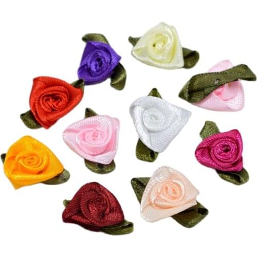 24pcs 27mm Polyester Flower Heads Triangular Rose With Green Leafe Handmade DIY Hairbow Sewing Garments Materials