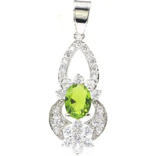 37x14mm SheCorwn Created Green Peridot White Cubic Zircon For Women Wedding Daily Wear Silver Pendant