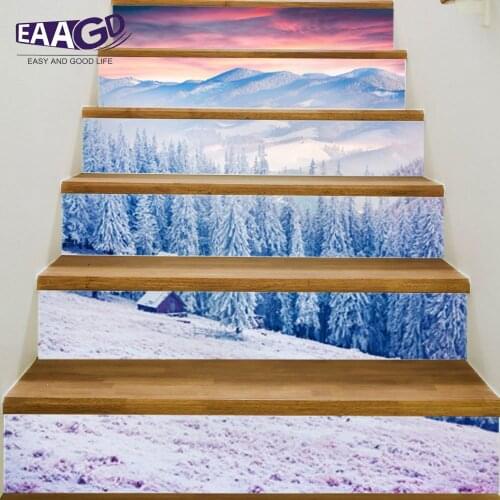 6Pcs/Set DIY 3D Stairway Stickers Snowing Forest Stairs Stickers Fall Floor Wall Decor Decals Sticker Living Room Decoration
