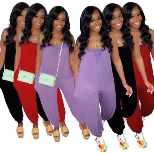 71NY88035 Summer Women Casual Fashion Solid Loose Sling with Pocket Jumpsuit Playsuit Rompers Plus Size Hot