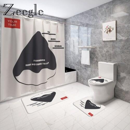 Abstract Waterproof Shower Curtain with Bath Mat Set Washable Toilet Seat Cover Mat Microfiber Bathroom Floor Rug Set