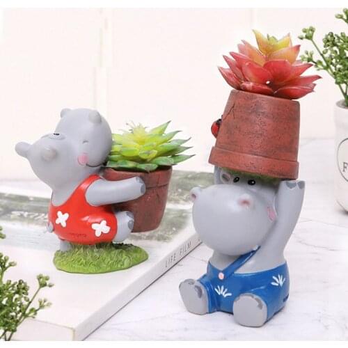 Hippo Cartoon Painting Resin Flowerpot Plant Container