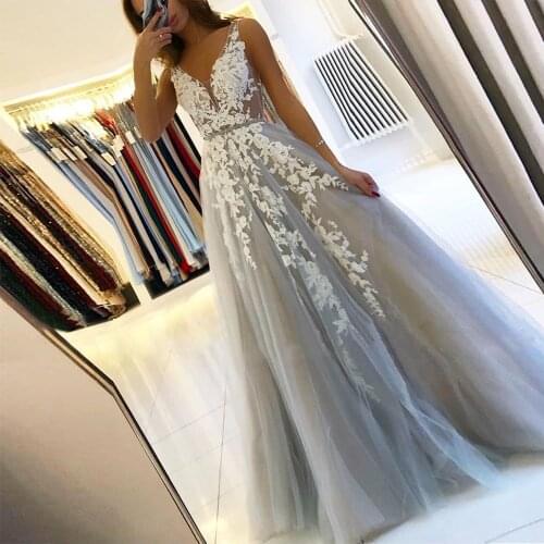 Berylove Grey Prom Dress High Waist Tie Tulle Evening Dresses Sweetheart V neck Lace Party Dress vestidos de fiest