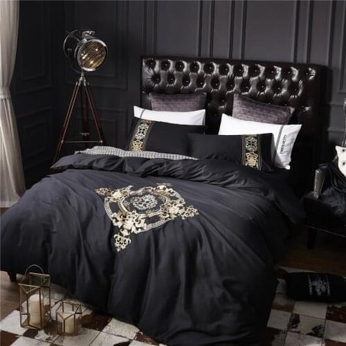 Black Egyptian Cotton Gold Embroidery Bedding Set Bed Cover Queen King Size Elastic Fitted Sheet Duvet Cover 4pcs Bed Set