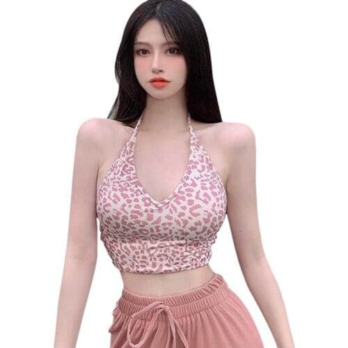 DAXIN Korean Neck Womens Leopard Halter Vest Slim Sexy Exposed Navel Camisole Tank Tops