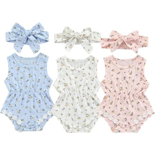 Baby Romper New Summer 2021 Fashion Infant Toddler Girls Clothes Floral Print Sleeveless Romper Jumpsuit+Headband