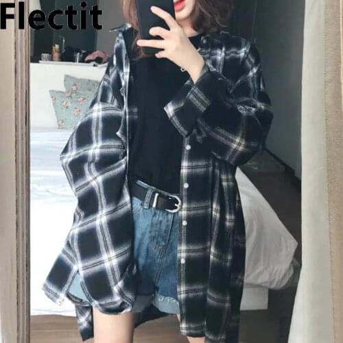 Flectit Classic Plaid Flannel Shirt for Women Front Pocket Long Sleeve Collared Boyfriend Style Spring Autumn Tartan Blouses