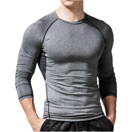 Spring Autumn Mens Round Neck High Elastic Tight-fitting Long-sleeved T-shirt Sports Fitness Muscle Wicking Quick-drying Top