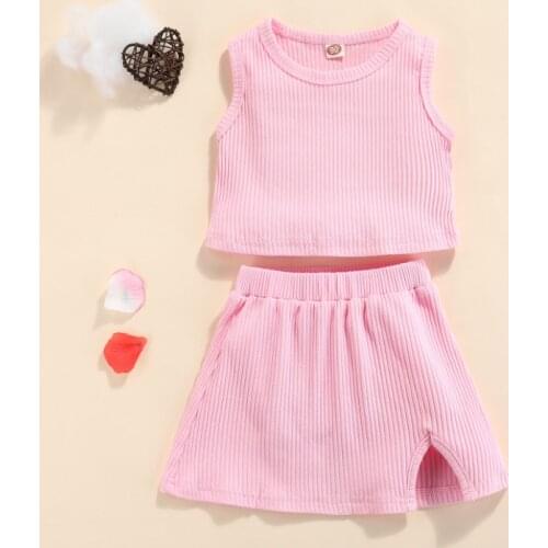 2 Pcs Infant Summer Outfits, Baby Girls Ribbed Round Neck Solid Color Sleeveless Tank Tops + Slit Skirt