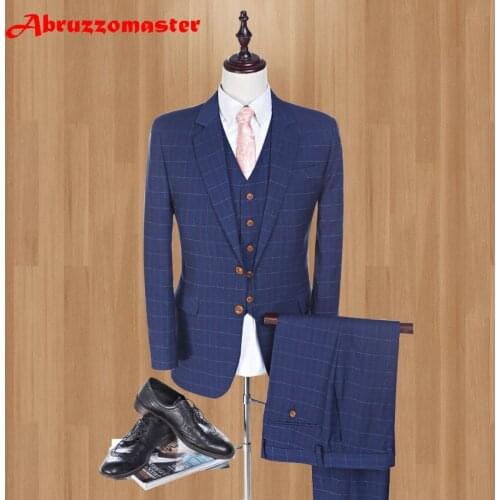2020Tailored Man Suit Blue Damier Check Groom Tuxedos Groomsman Suit Worsted Smart Casual Business Suit Jacket+pants+vest
