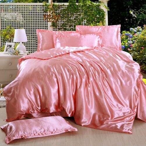 Imitated Silk Soft Bed Linens Tencel Duvet Cover+Flat Sheet+Pillowcase Comfortable Bedding Cover Set Twin Queen King 3-4PCS Pink