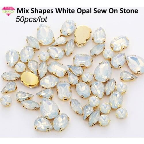 RESEN 50PCS Mix Shapes Resin Sew On Stones With Gold Bottom Claw Set White Opal Rhinestones DIY Clothing Accessories