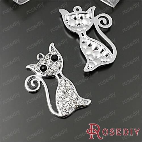 Wholesale 40*26mm Chrome Plated Beautiful Prehensile Tail Cat Alloy Charms Pendants with Full White Rhinestones 10 pcs(JM5800)