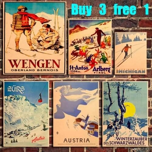 Alaskan Skiing Retro Kraft Paper Poster Bar Office Cafe Home Art Wall Sticker Decoration