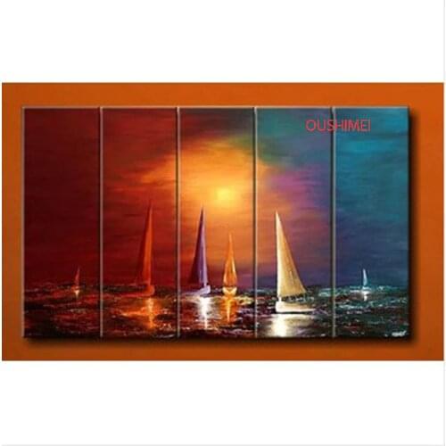 100% Hand Painted Sailing Boat Painting 5 Panel Oil Painting Wall Art Abstract Seascape Painting Home Decor Sunrise Landscape