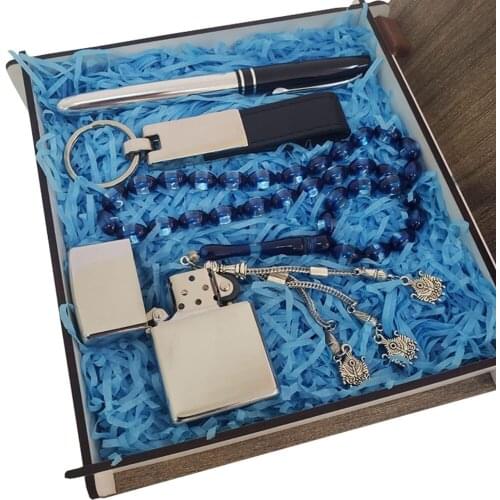 Silver Color lighter Pen Leather Keychain And Rosary 4lü Set