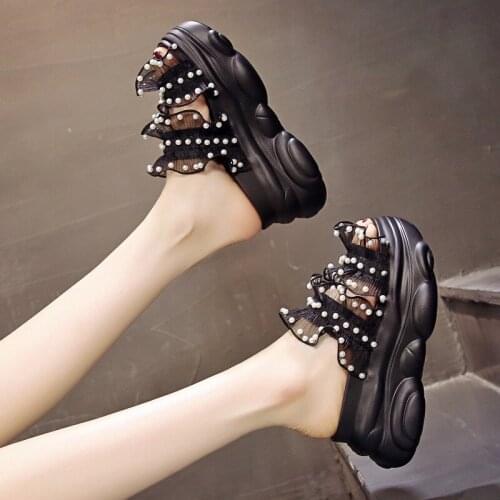 Pearl Slippers Outdoor Wear 2021new Womens Summer Fashion Lace Wedge Slippers