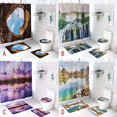 3D Waterfall View Lake and Blue Sky Landscape Bathroom Set Waterproof Shower Curtain Anti-slip Bath Mat Set Toilet Seat Cover