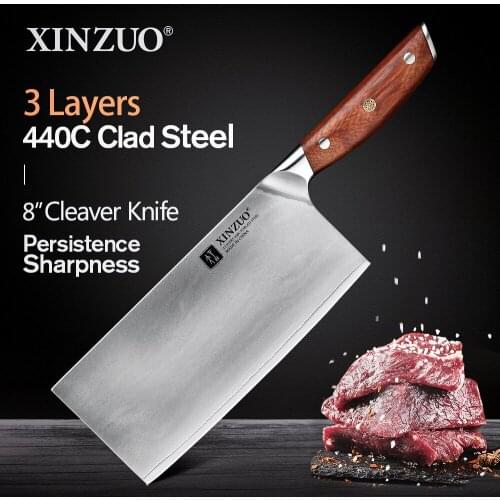 XINZUO 8'' Slicing Knife Kitchen 440C Clad Steel Stainless Steel Ultra Sharp Household Full Tang Meat Santoku Knives Red Handle