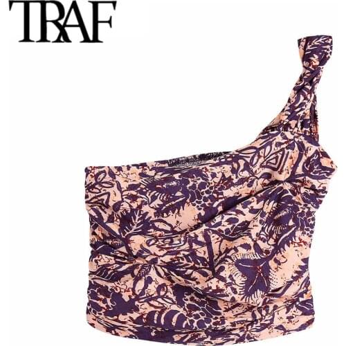 TRAF Women Fashion Pleated Asymmetric Printed Crop Blouses Vintage Back Elastic Side Zipper Female Shirts Chic Tops