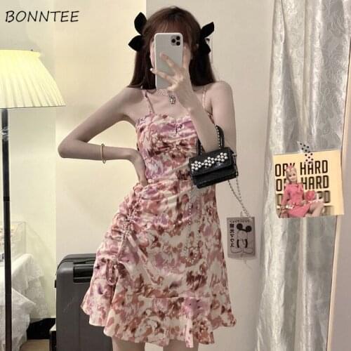 Dresses Women Printed High-street Trendy Cool Hot Girl Shirring Slim Sexy Korean Style Mini Trumpet Vestidos Designers Female