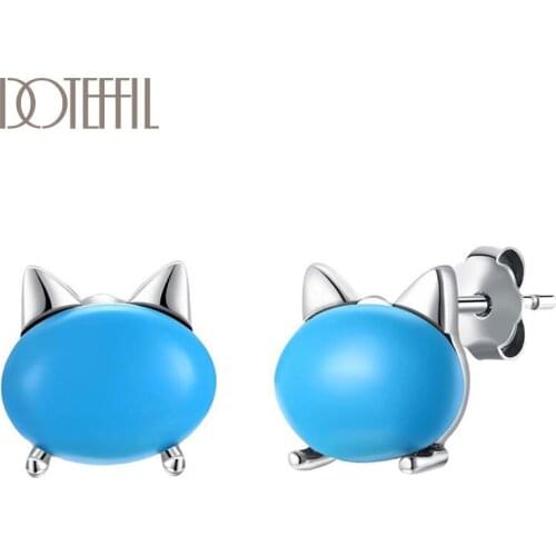 DOTEFFIL 925 Sterling Silver Charm Blue Cat Ear Studs Earrings Women Jewelry Fashion Jewelry Wedding Engagement Party Gift