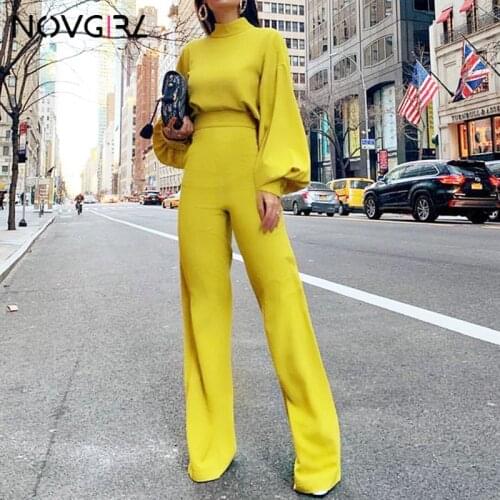 Novgirl Elegant Lantern Sleeve Jumpsuit Women 2019 Autumn Open Back Zipper Wide Leg Sexy Rompers Office Lady Workwear Overalls