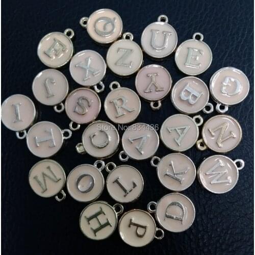 Free shipping 11x14mm round pink alphabet letters charm pendant chain necklace women jewelry lovely cute gifts wholesale 26pcs