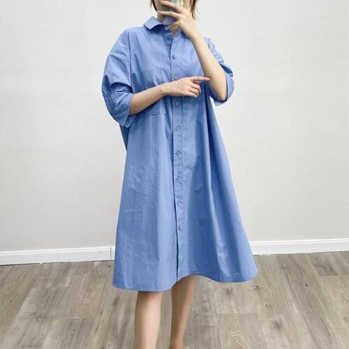 2021 New Spring Summer Women Dress Turn Down Collar Short Sleeve Shirt Dress Simple Loose Causal Dress Ladies Knee Length Robes