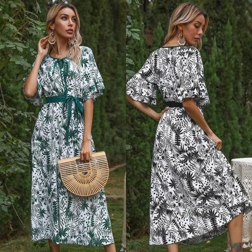 Summer 2021 New European and American Printing V-neck Lotus Leaf Sleeves Lace Up Slim Long Dress Dress Womens A-line Skirt