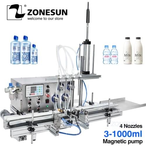 ZONESUN 4 Nozzles Magnetic Pump Automatic Desktop Liquid Water Filler with Conveyor drink Perfume Filling Machine