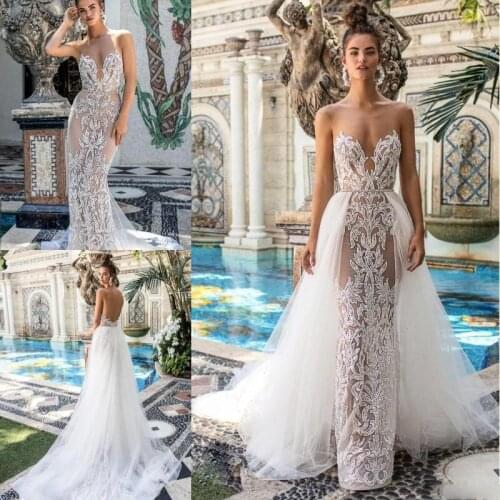 2021Mermaid Wedding Dresses with Detachable Train Sweetheart Sleeveless Made Lace Appliques Backless