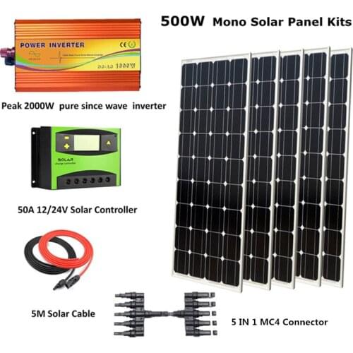 5pcs 100W Monocrystalline Solar Panel Module with Peak 2000W inverter and 50A controller Houseuse Complete 500W Solar System Kit