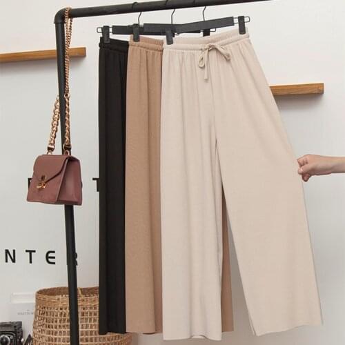 Womens Loose Summer Pants Soft Ice Silk Ankle-Length Wide Leg Pants Women High Waisted Trousers Solid Comfort Casual Pants