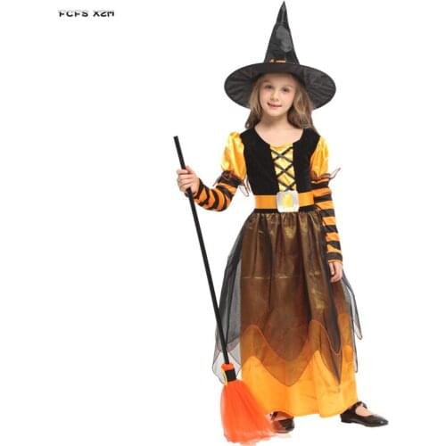 Gothic Girls Witch Sorceress Cosplay Kids Children Halloween Magician Costumes Purim Carnival Stage play Masquerade party dress