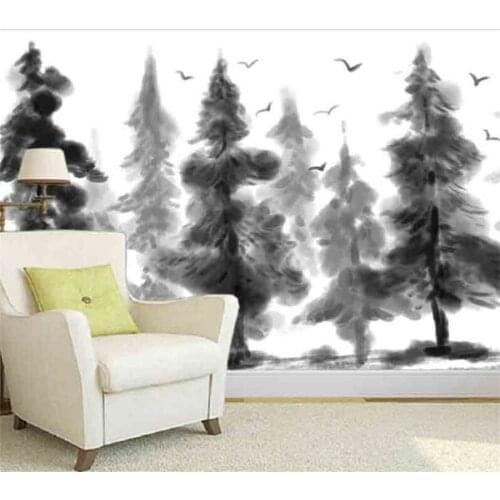 Beibehang Custom mural wallpaper modern minimalist black and white pine forest TV background living room bedroom background wall